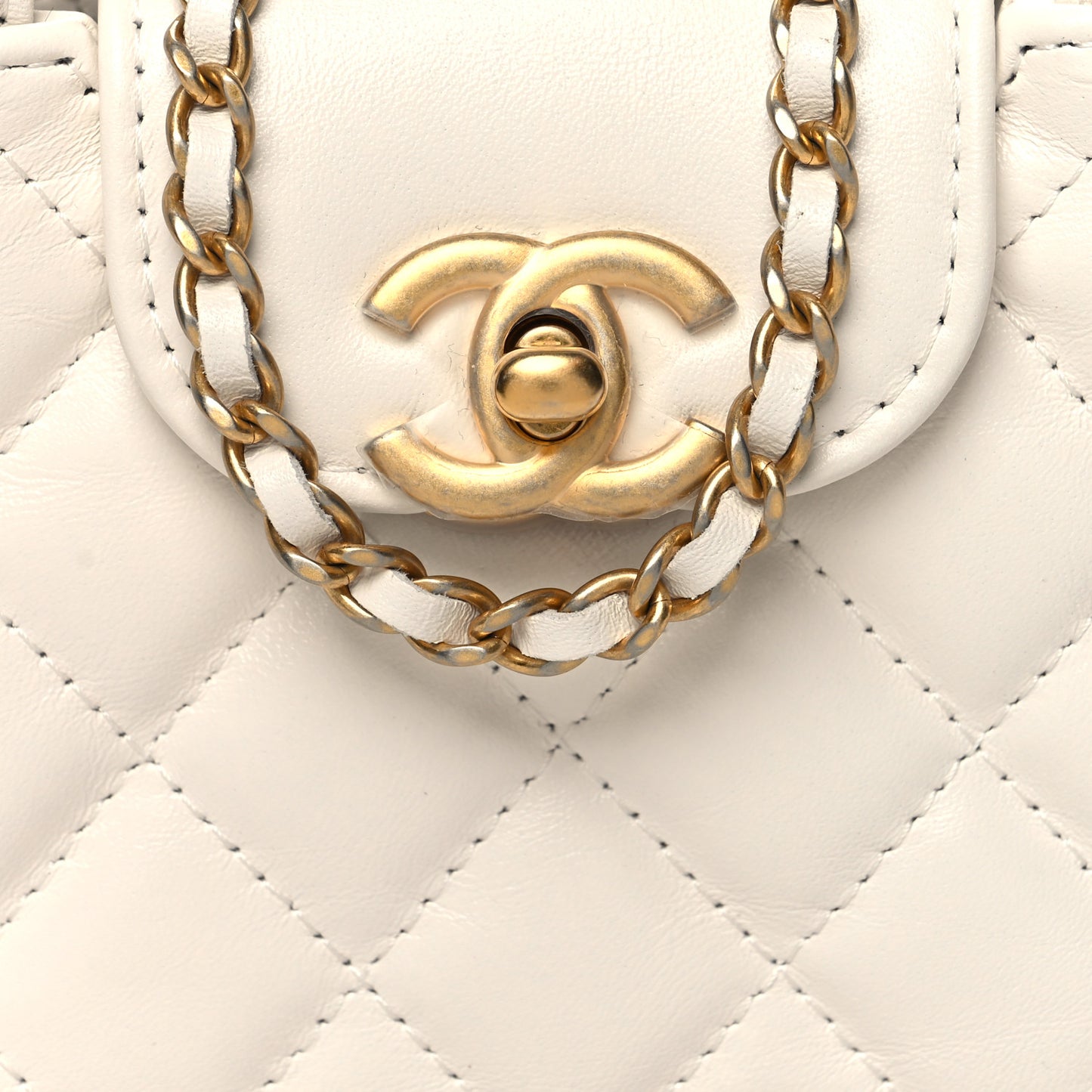 Shiny Aged Calfskin Quilted Mini Nano Kelly Shopper White