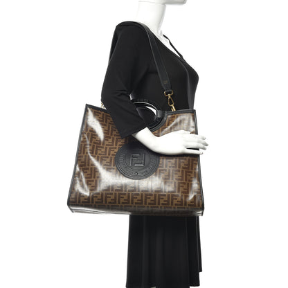 Fendi Glazed Fabric Vitello Century Plexiglass FF 1974 Stamp Patch Medium Runaway Shopper Tote Mogano Panna Black 2 of 10