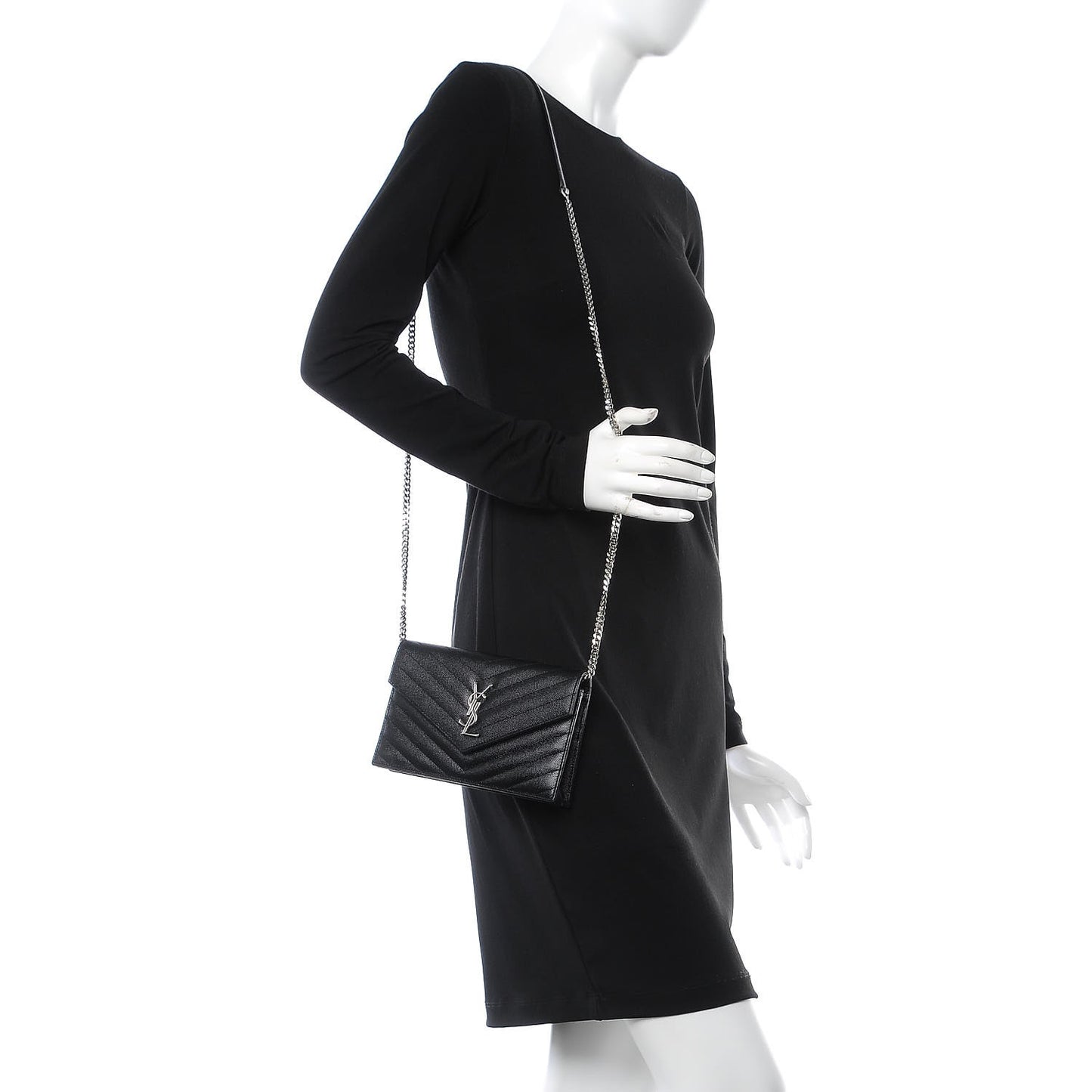 Grain De Poudre Matelasse Chevron Monogram Envelope Chain Wallet Black