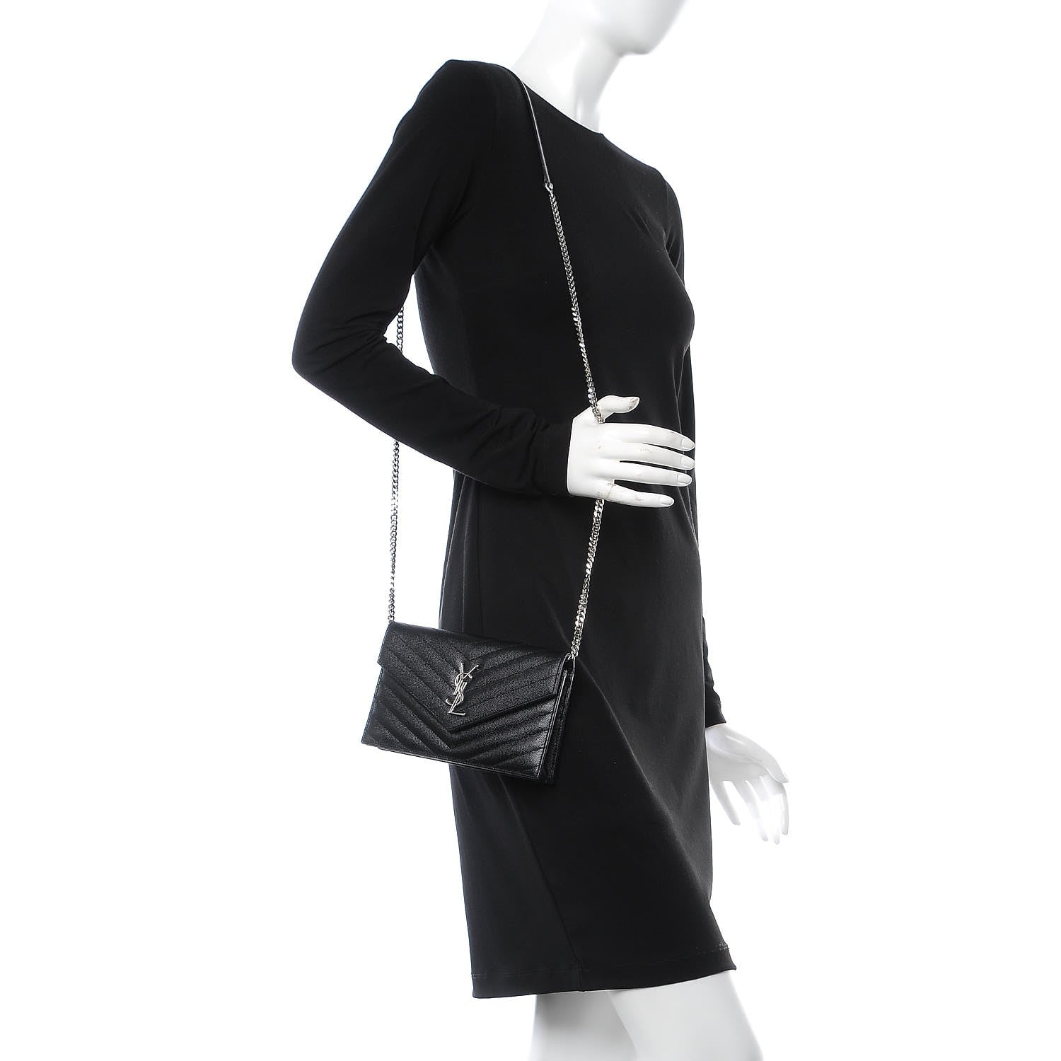 Saint Laurent Grain De Poudre Matelasse Chevron Monogram Envelope Chain Wallet Black 2 of 10