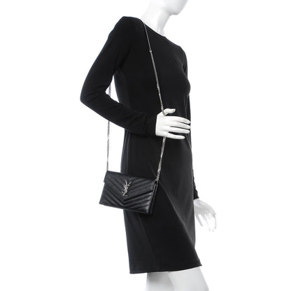 Saint Laurent Grain De Poudre Matelasse Chevron Monogram Envelope Chain Wallet Black 2 of 10