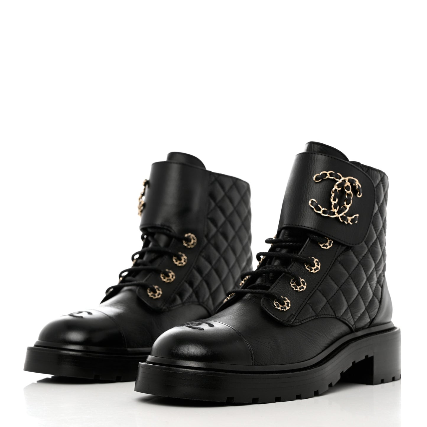 Shiny Goatskin Calfskin Quilted Lace Up Combat Boots 40 Black