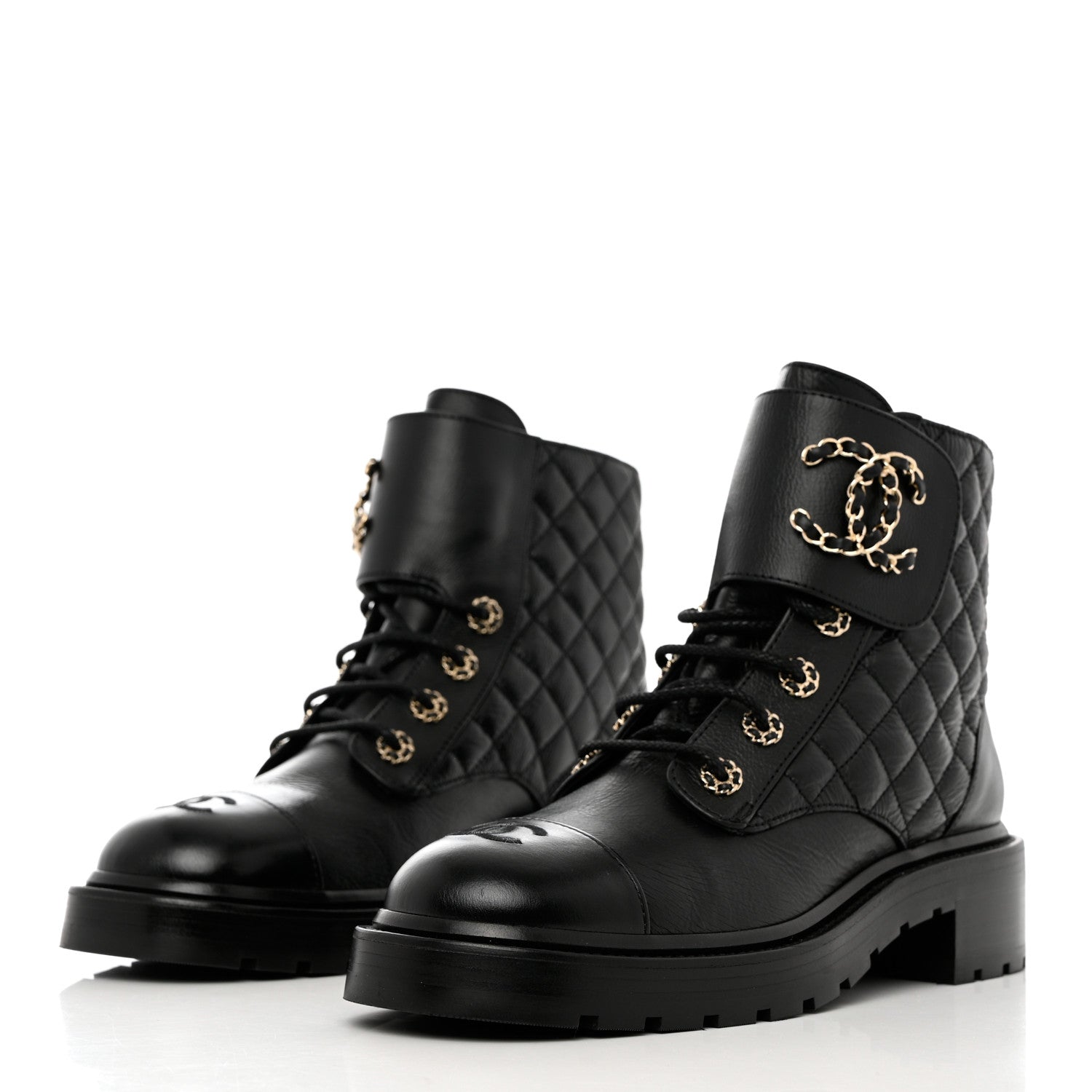 Chanel Shiny Goatskin Calfskin Quilted Lace Up Combat Boots 40 Black 3 of 9