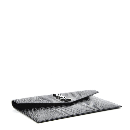 Saint Laurent Calfskin Crocodile Embossed Uptown Monogram Clutch Black 3 of 7
