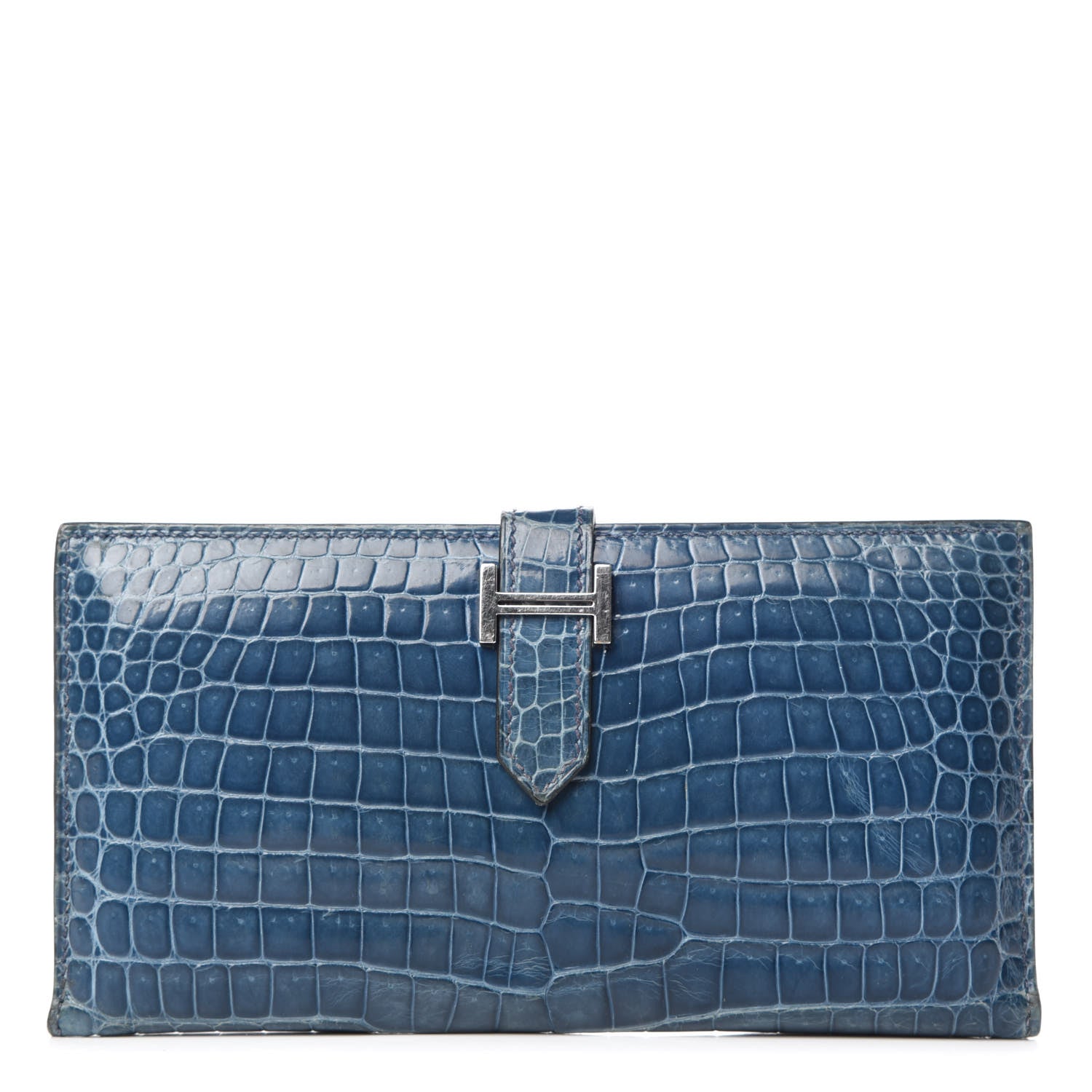 Hermes Shiny Porosus Crocodile Bearn Wallet Blue Jean 1 of 9