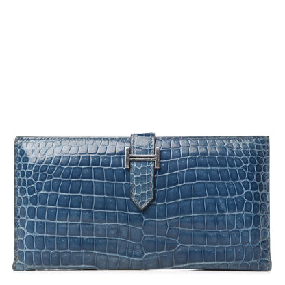 Hermes Shiny Porosus Crocodile Bearn Wallet Blue Jean 1 of 9