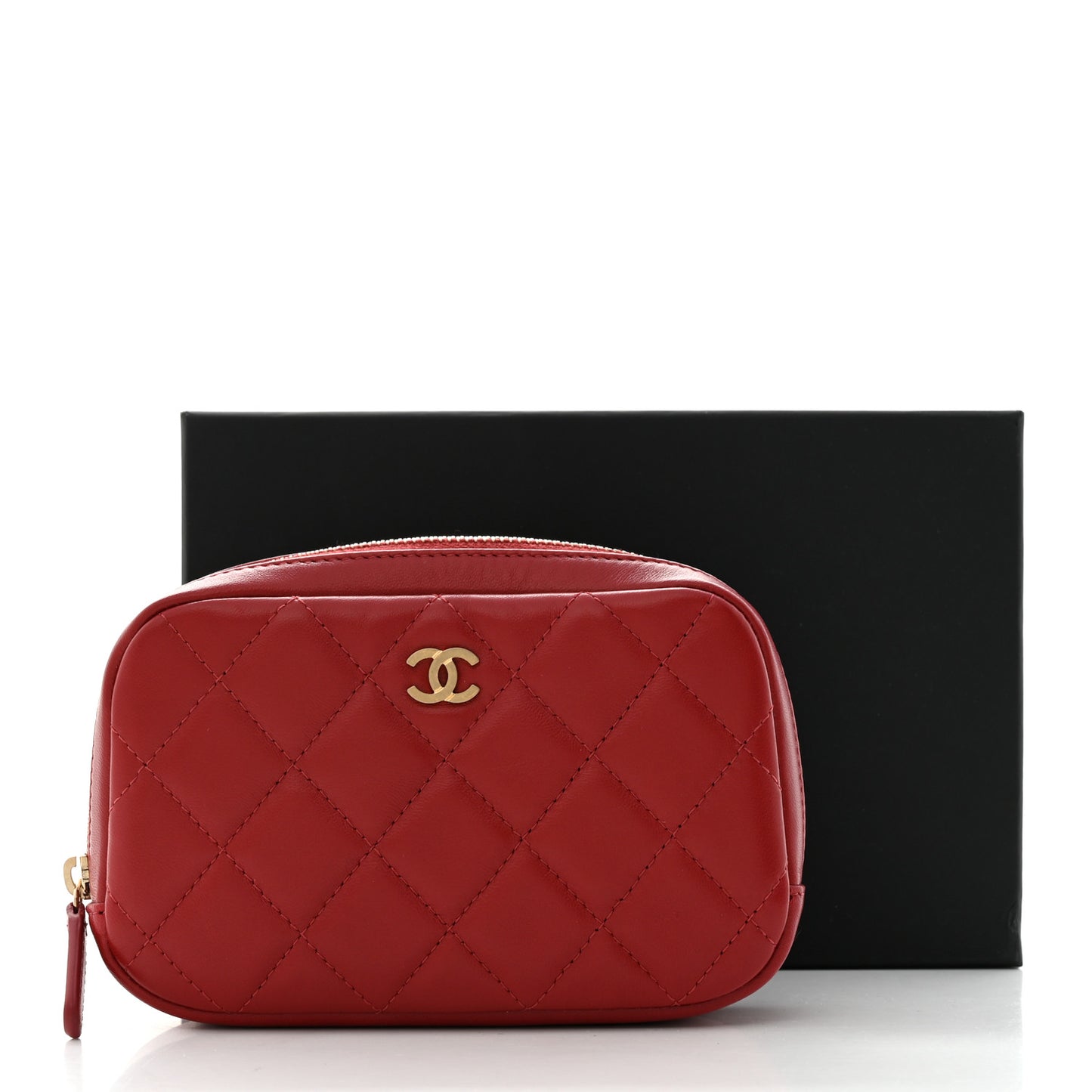 Lambskin Quilted Small Curvy Pouch Cosmetic Case Red