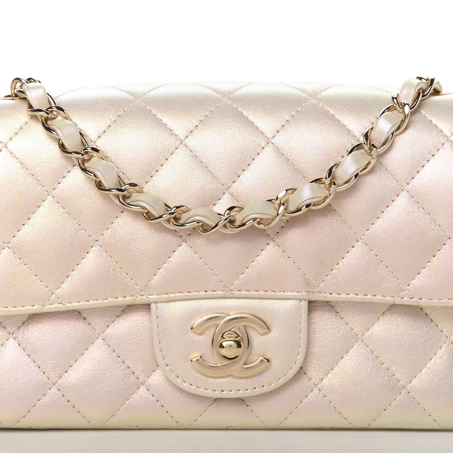 Iridescent Calfskin Quilted Mini Rectangular Flap Ivory