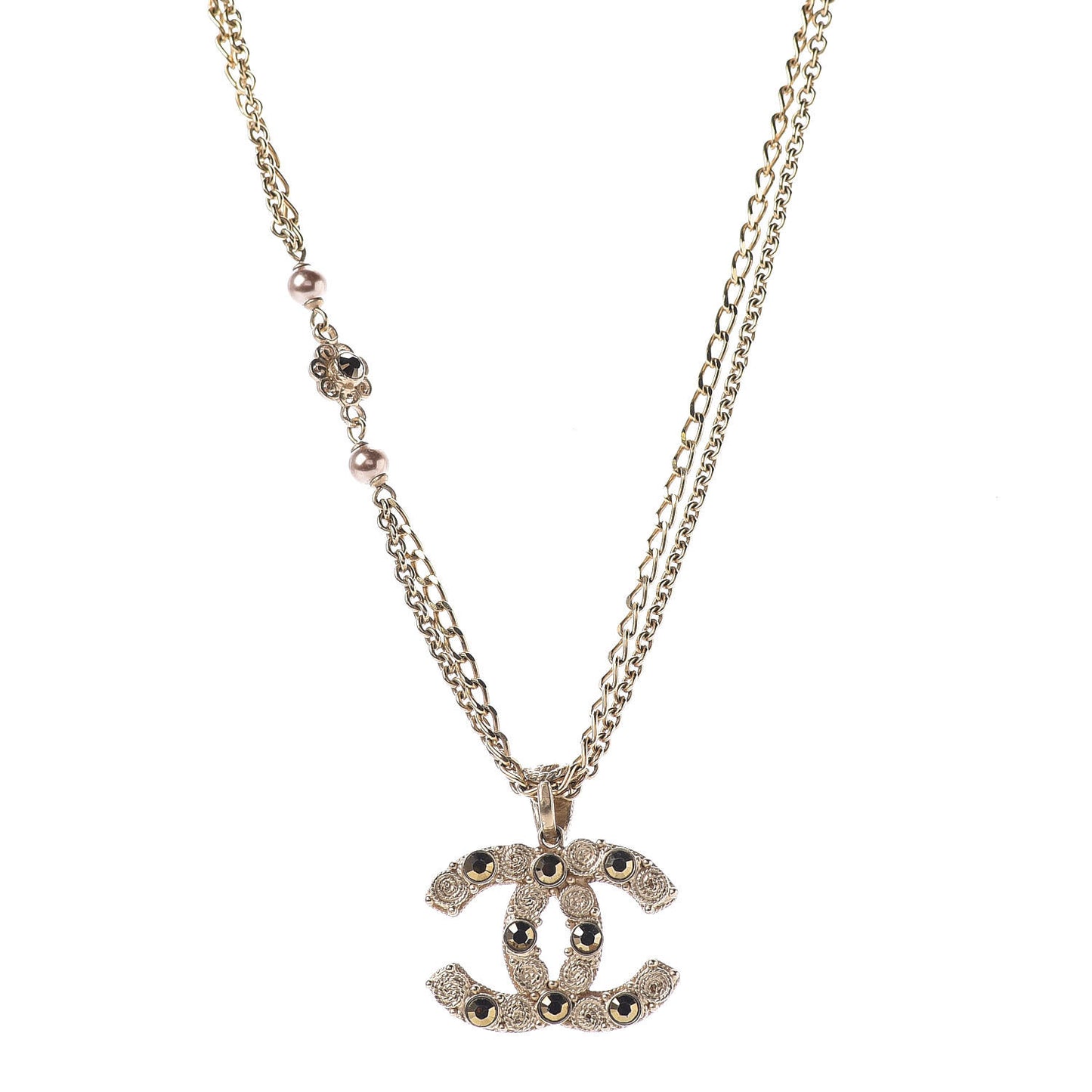 Crystal Pearl CC Chain Short Necklace Gold