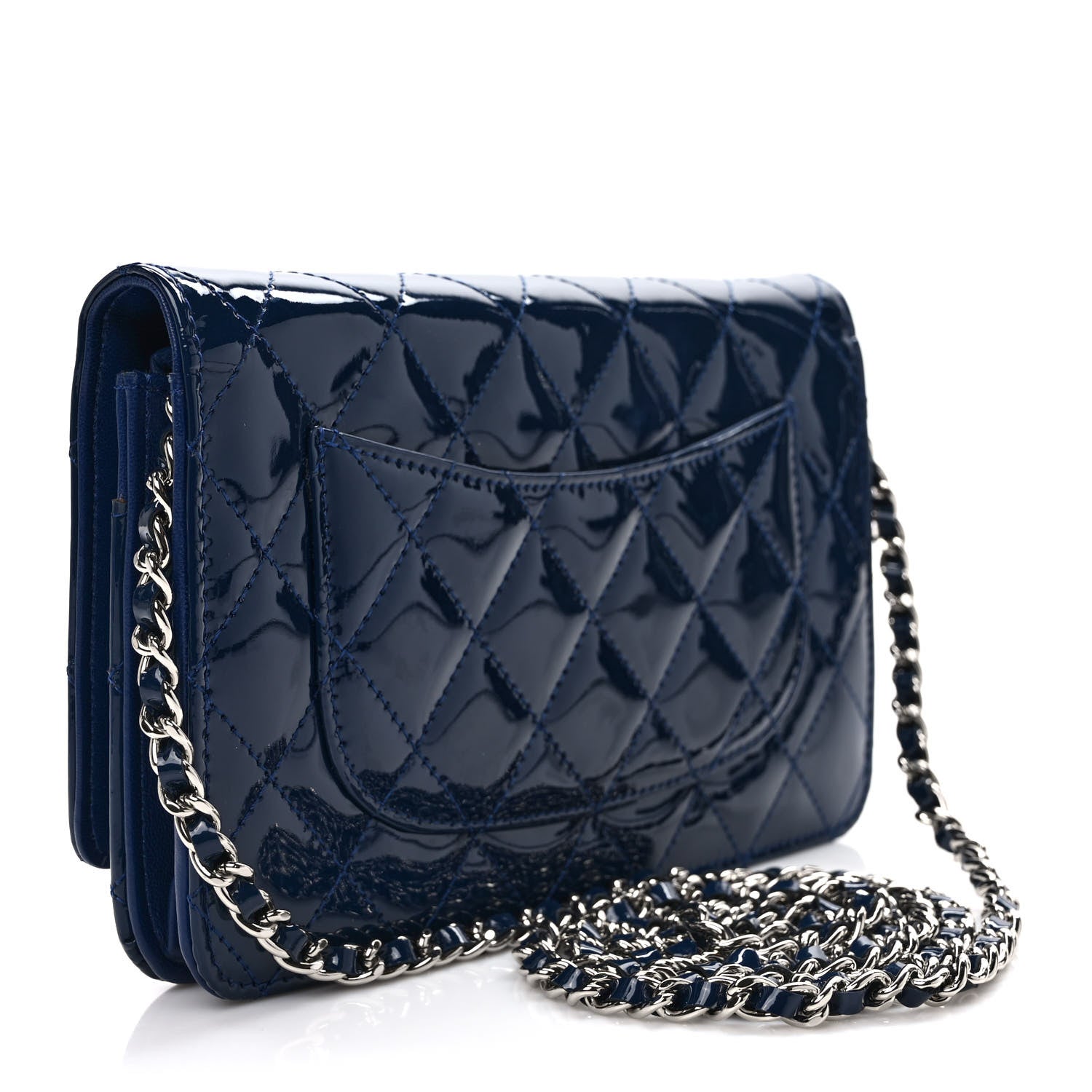 Chanel Patent Calfskin Quilted Reissue Wallet On Chain WOC Dark Navy Blue 3 of 8