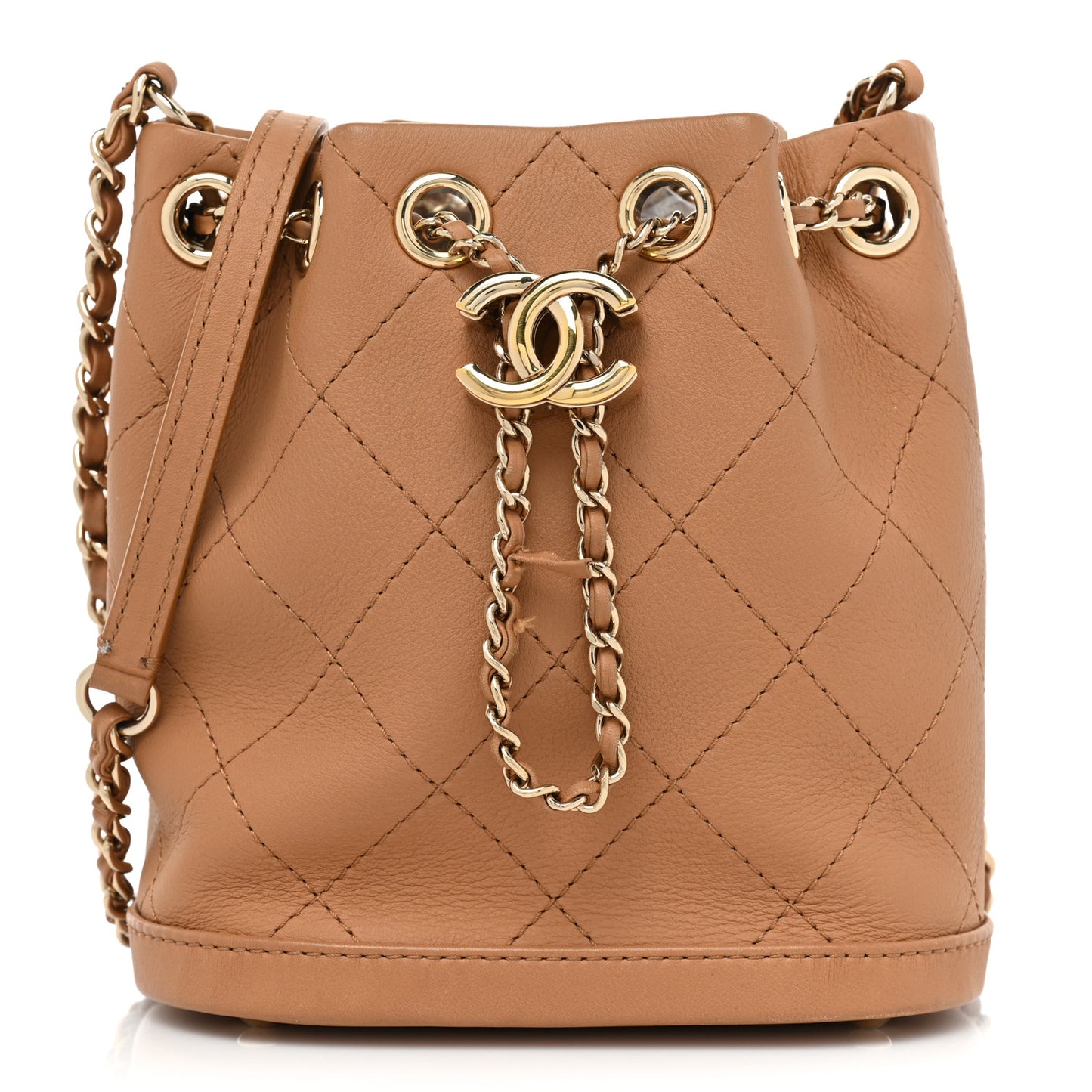 Calfskin Stitched Chain Bucket Bag Camel