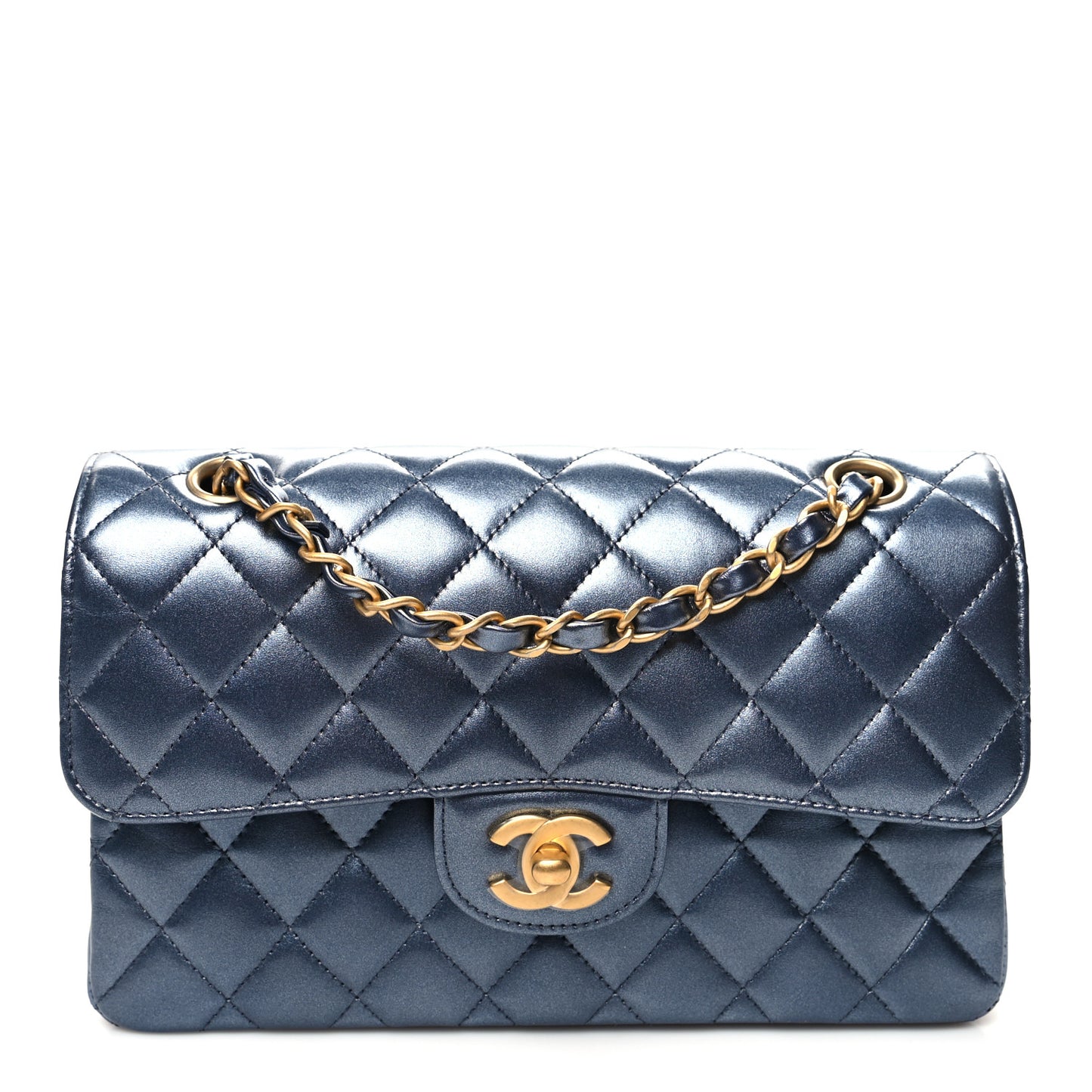 Metallic Lambskin Quilted Small Double Flap Dark Blue