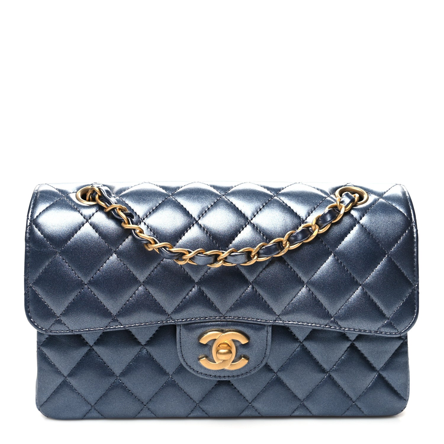 Chanel Metallic Lambskin Quilted Small Double Flap Dark Blue 1 of 11