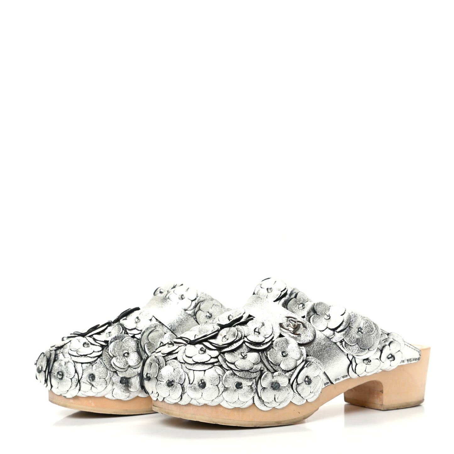 Metallic Crumpled Lambskin Wooden Camellia Mules 37.5 Silver