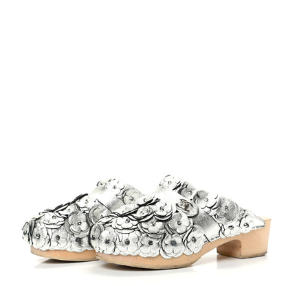 Chanel Metallic Crumpled Lambskin Wooden Camellia Mules 37.5 Silver 3 of 12