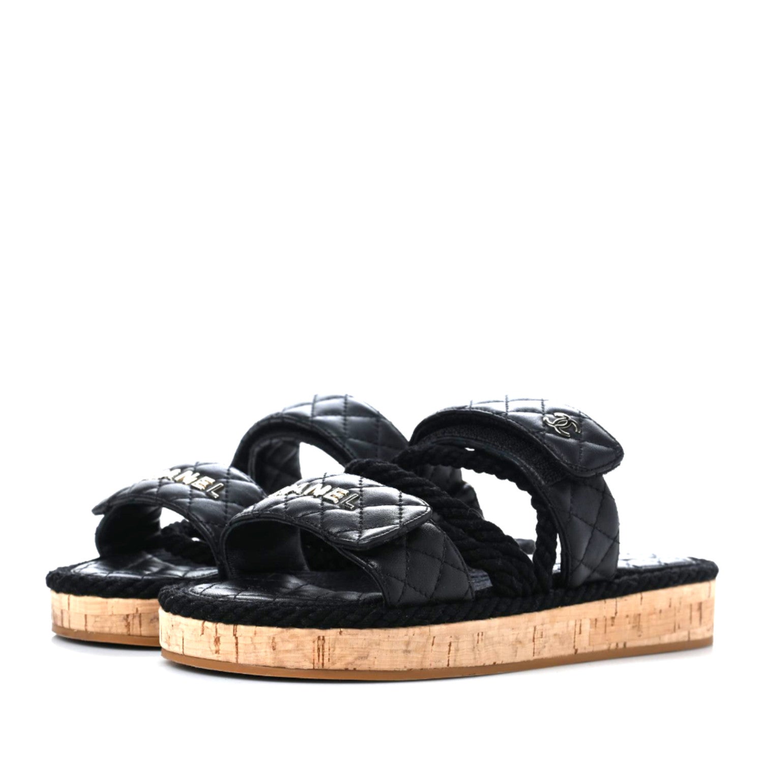 Chanel Cord Lambskin Quilted Logo Sandals 38 Black 3 of 9