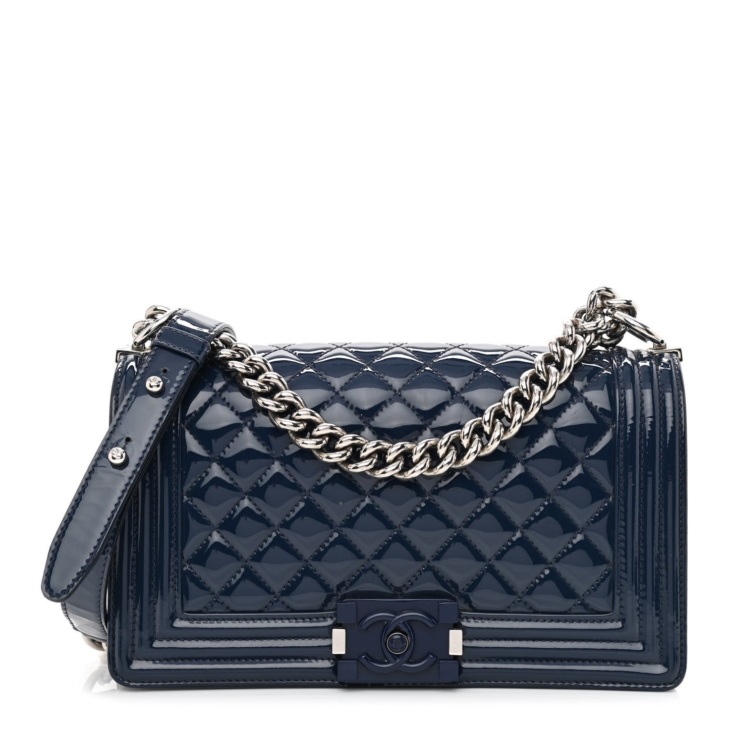 Patent Calfskin Quilted Medium Plexiglass Boy Flap Blue