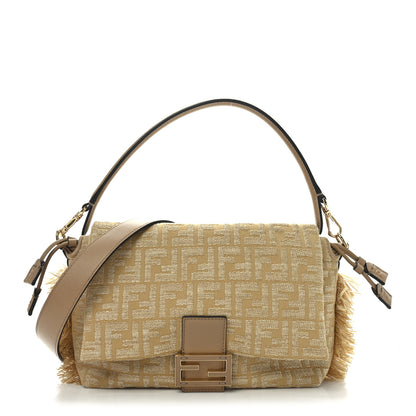 Fendi Fabric Jacquard Raffia Straw Fringe Medium Mamma Baguette Beige 1 of 10