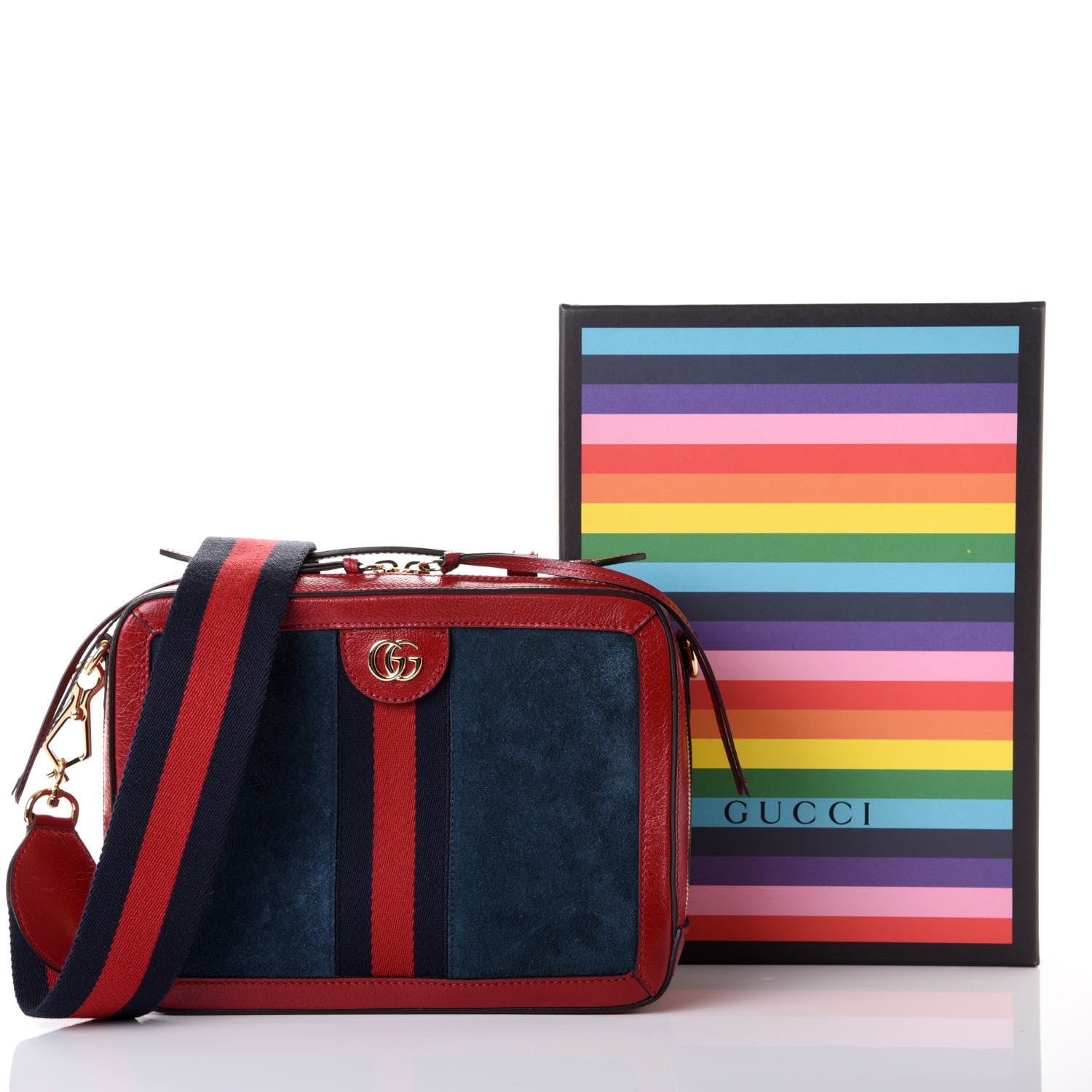 Gucci Suede Calfskin Web Small Ophidia Top Handle Shoulder Bag New Blue Romantic Cherry 10 of 10