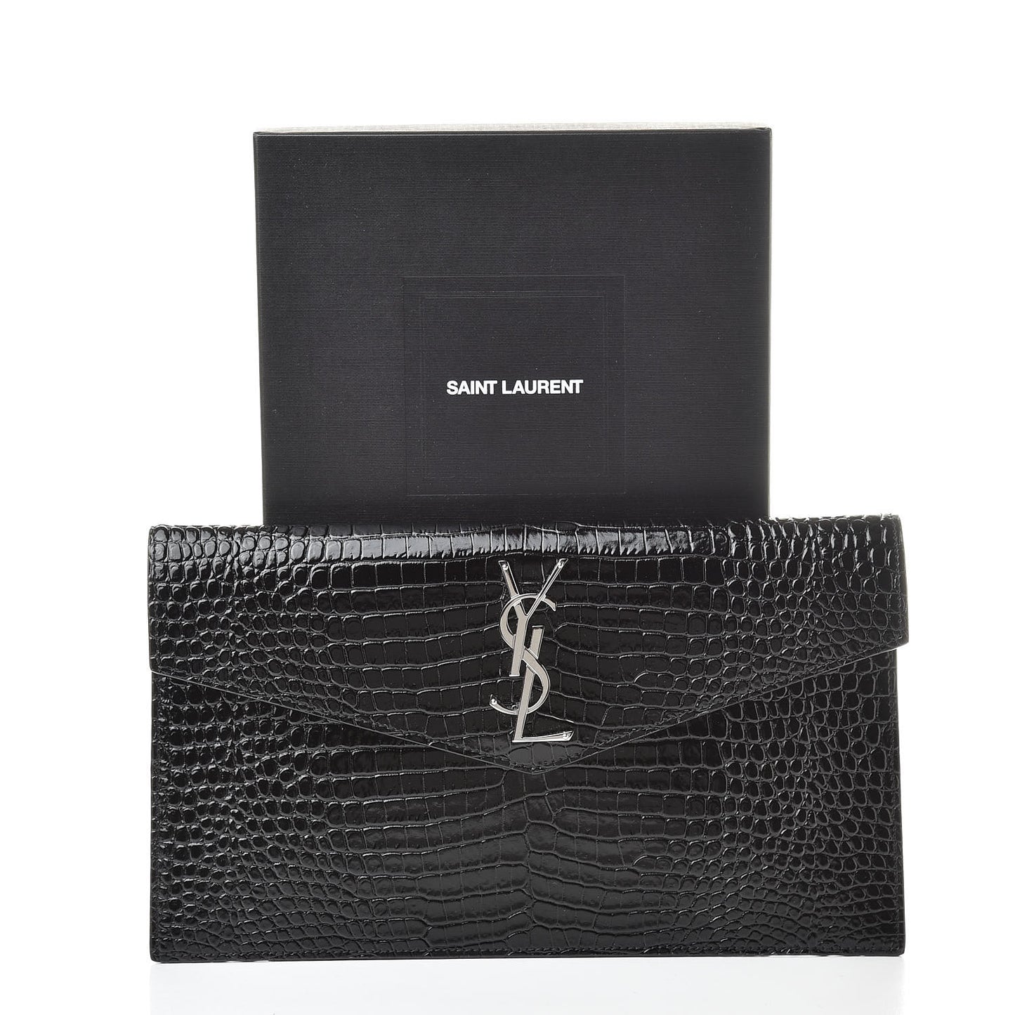 Calfskin Crocodile Embossed Uptown Monogram Clutch Black