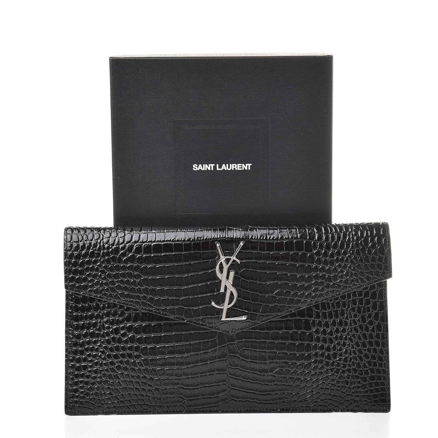 Saint Laurent Calfskin Crocodile Embossed Uptown Monogram Clutch Black 8 of 8