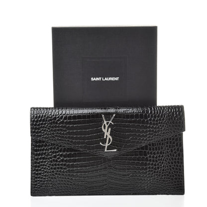 Saint Laurent Calfskin Crocodile Embossed Uptown Monogram Clutch Black 8 of 8