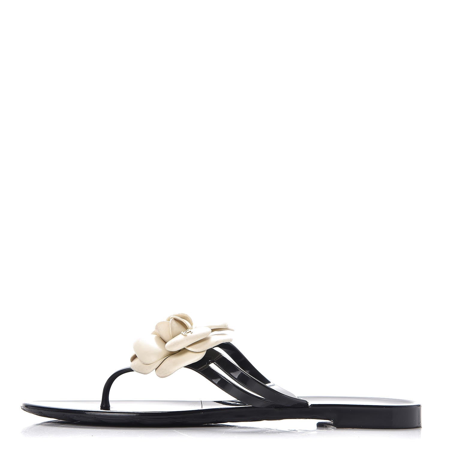 Chanel Jelly Camellia Thong Sandals 38 Black Ivory 1 of 9