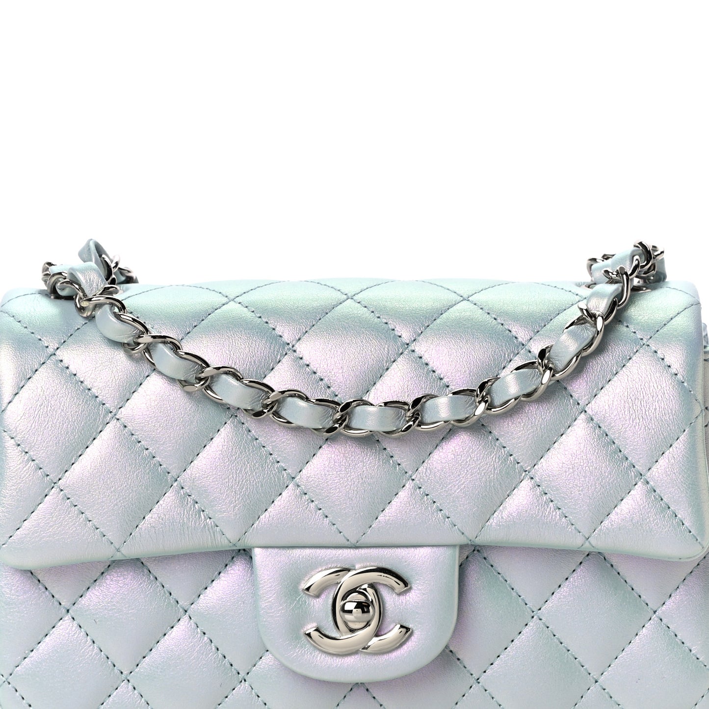 Iridescent Calfskin Quilted Mini Rectangular Flap Light Blue