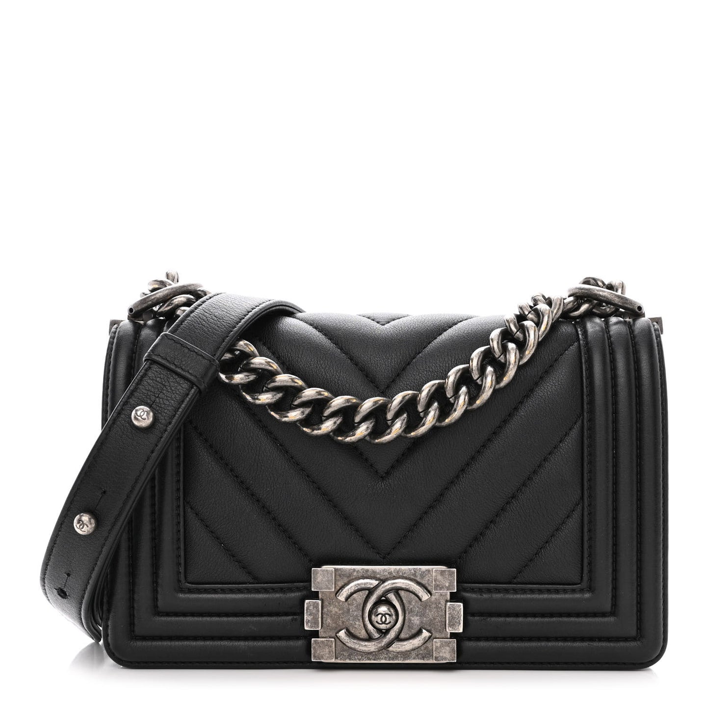 Calfskin Chevron Quilted Small Boy Flap Black