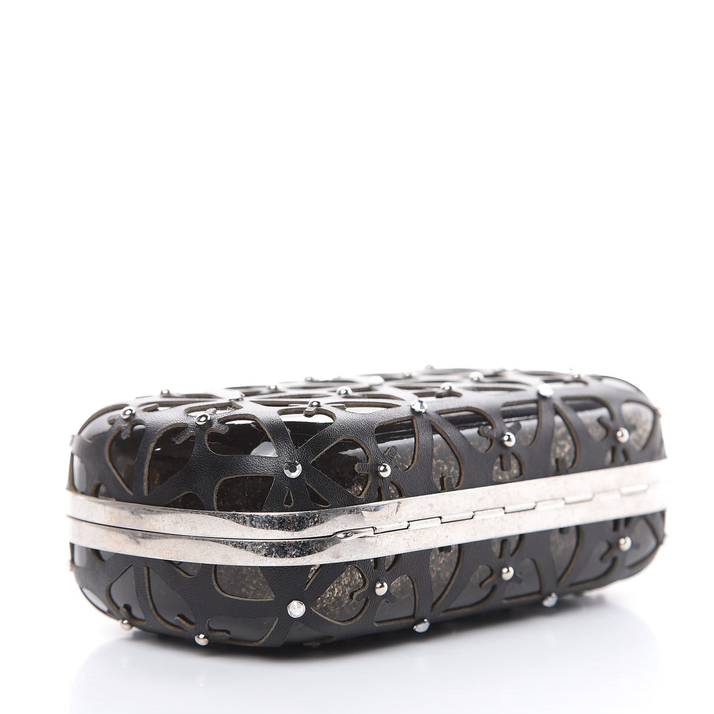 Lambskin Cutout Embellished Skull Box Clutch Black