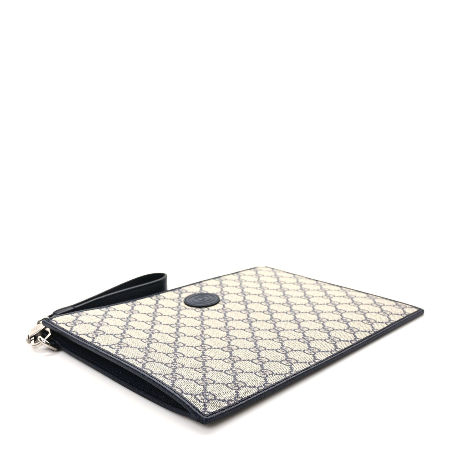 GG Supreme Monogram Textured Dollar Calfskin Retro Interlocking G Wristlet Pouch Beige Blue