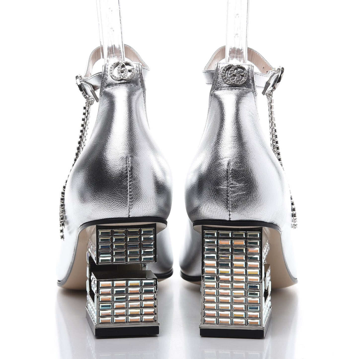 Metallic Nappa Crystal Square G Mid Heel Pumps 37.5 Silver