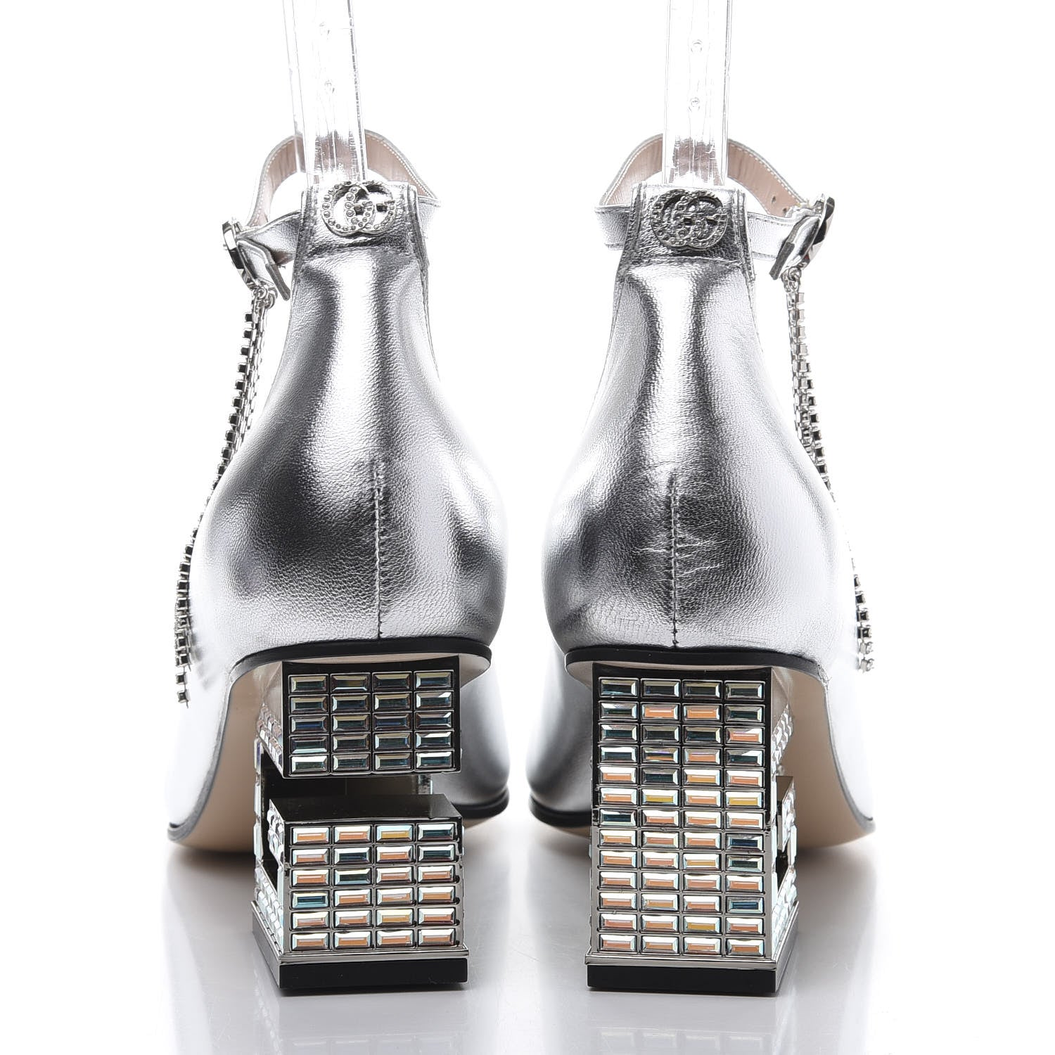 Gucci Metallic Nappa Crystal Square G Mid Heel Pumps 37.5 Silver 5 of 10