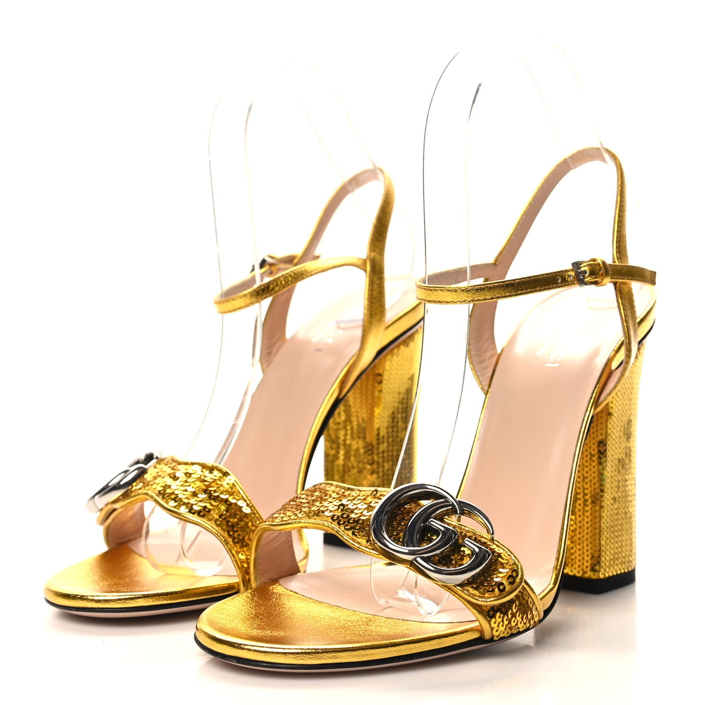 Sequin Satin Malaga Kid GG Marmont Ankle Wrap 75mm Sandals 37.5 Gold Yellow