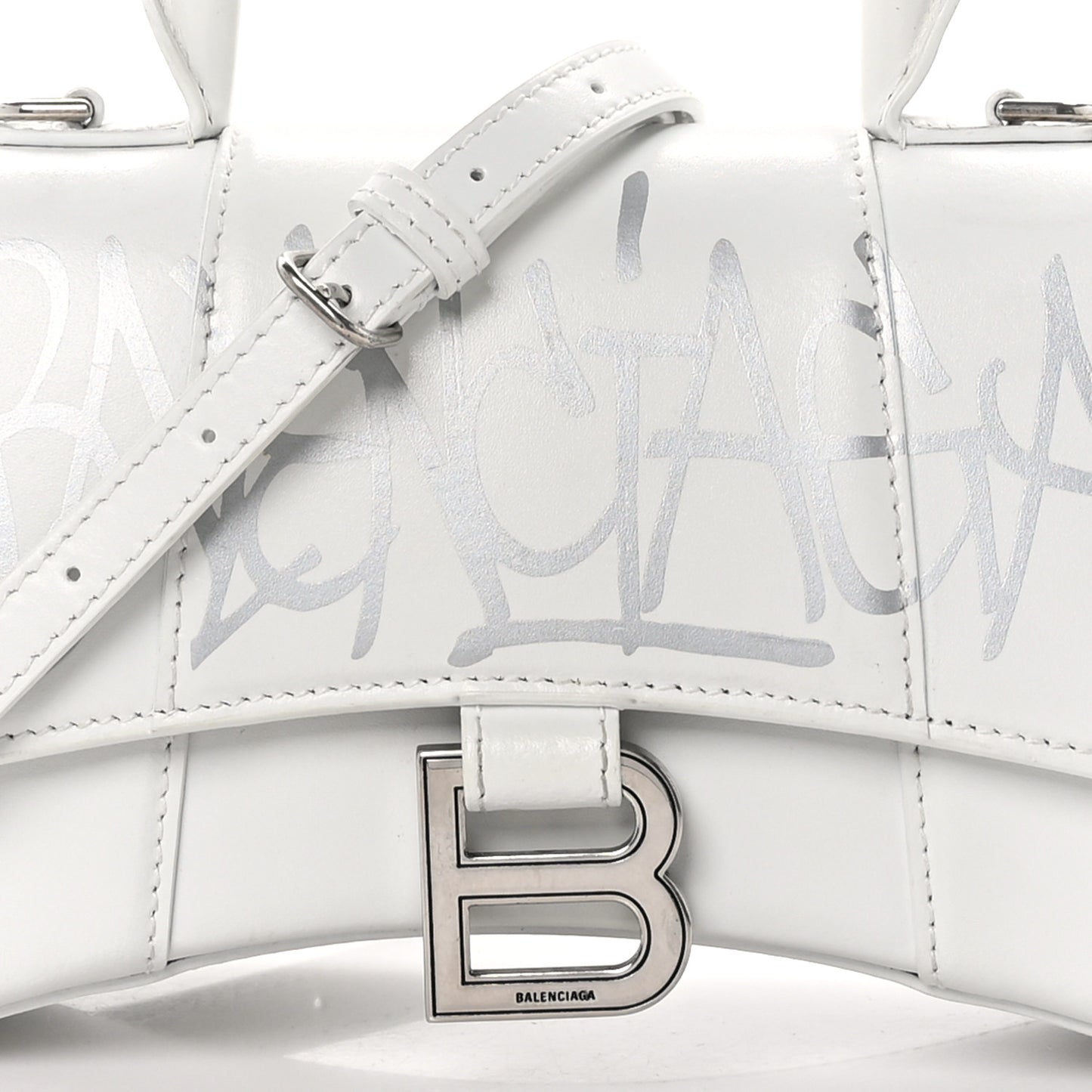 Box Calfskin Graffiti Logo Hourglass Top Handle Bag XS White Light Silver
