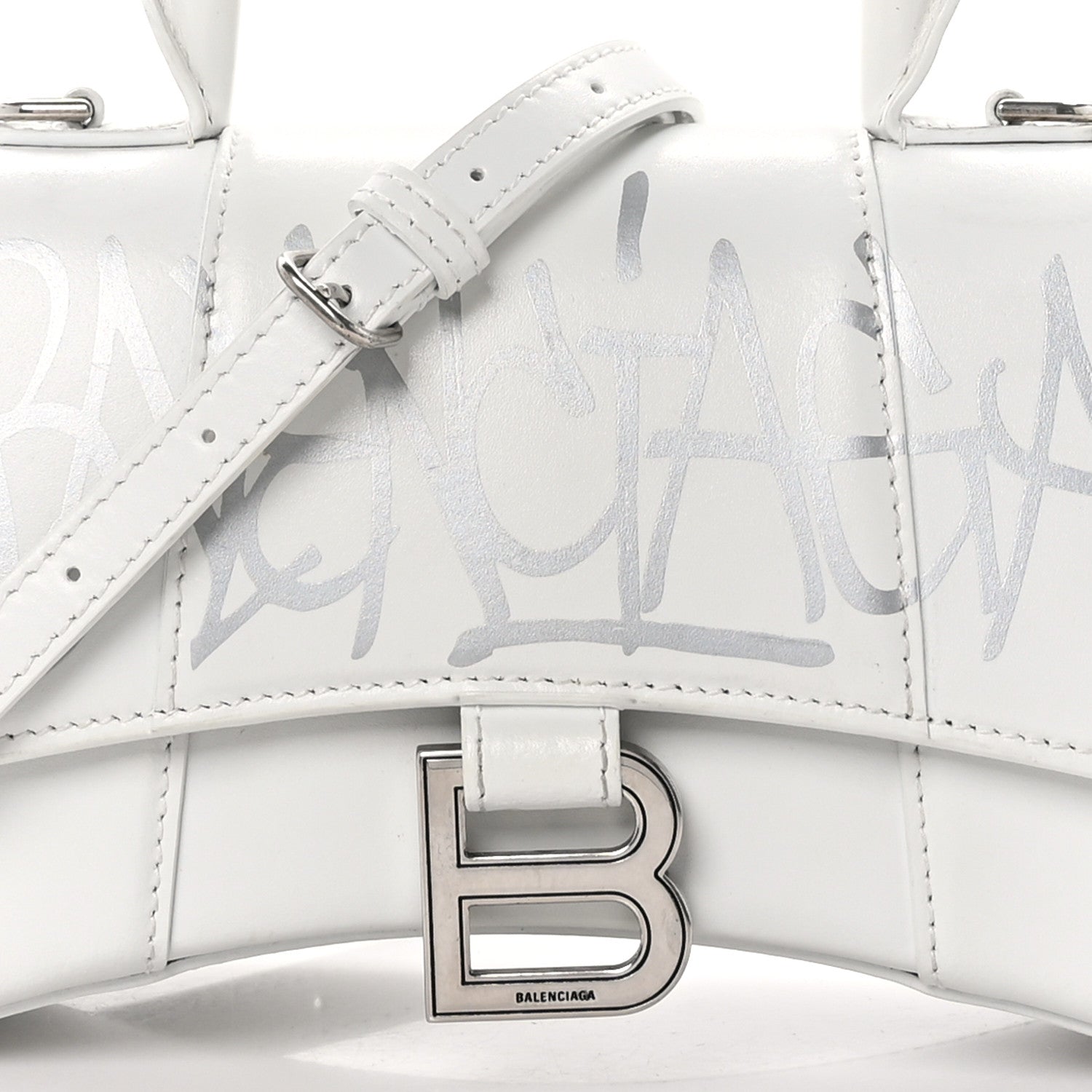Balenciaga Box Calfskin Graffiti Logo Hourglass Top Handle Bag XS White Light Silver 9 of 11