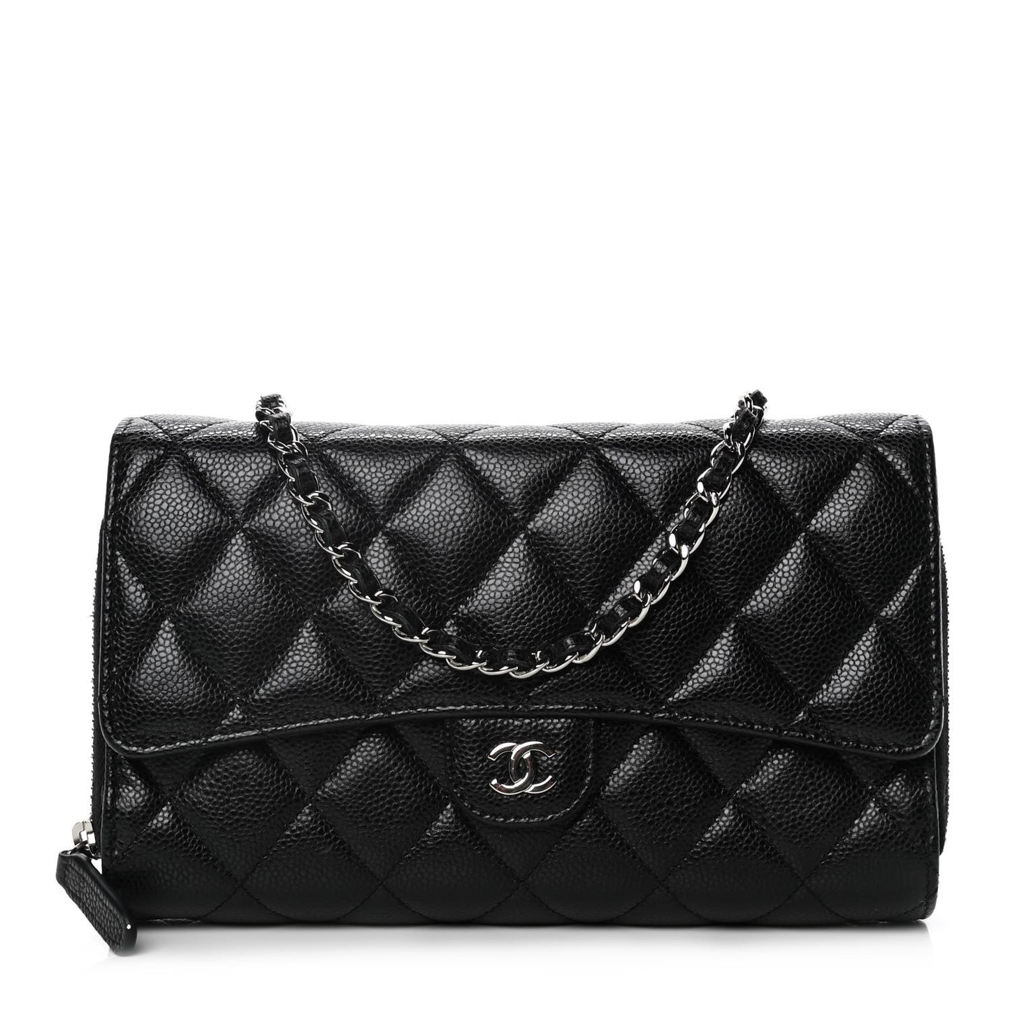 Caviar Quilted Phone Holder Wallet on Removable Chain Black