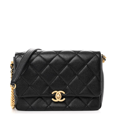 Shiny Caviar Quilted Small Chain Melody Flap Black