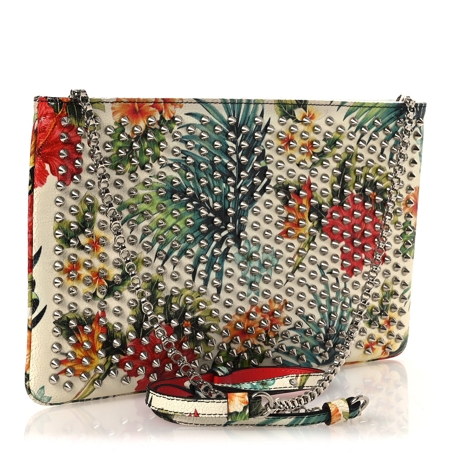 Christian Louboutin Calfskin Studded Floral Mosaic Loubiclutch Crossbody Clutch White Multicolor 2 of 11