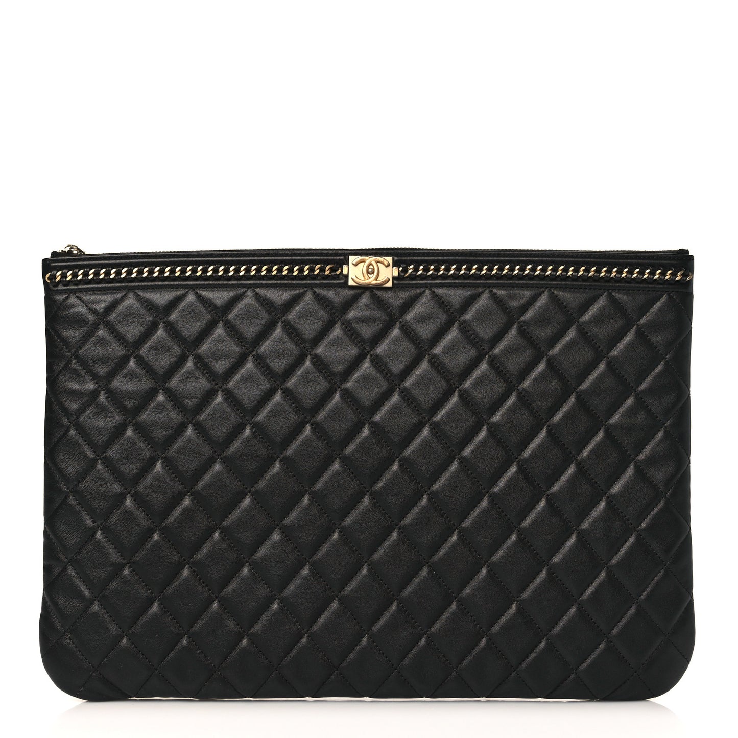 Calfskin Quilted Large Boy Chain Around Cosmetic Case Black