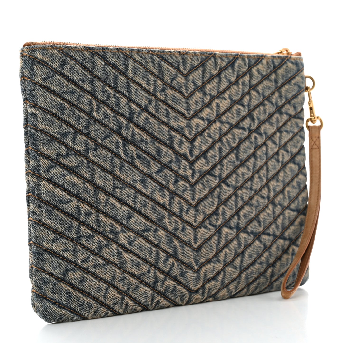 Denim Matelasse Chevron Monogram A5 Wristlet Blue