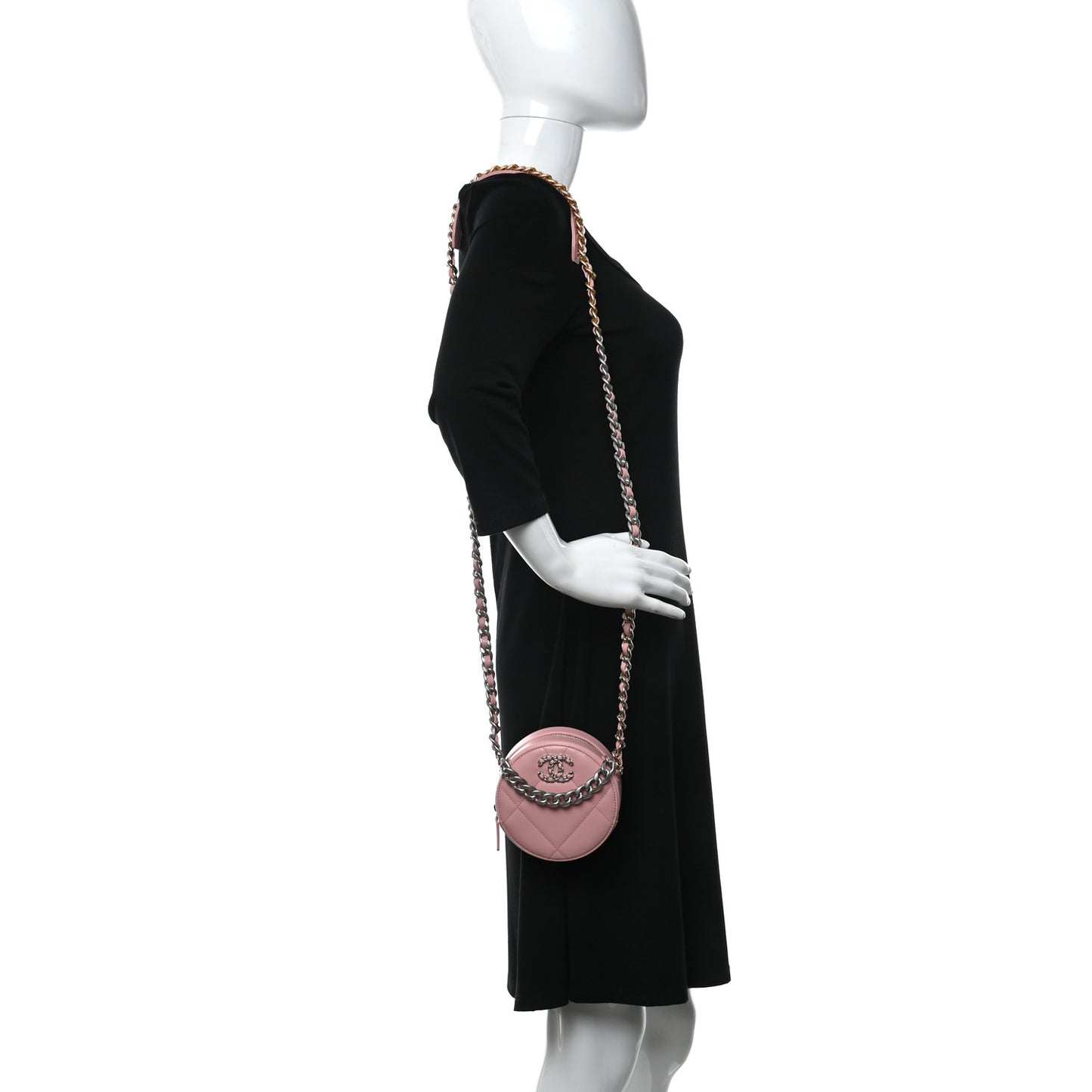 Lambskin Quilted Chanel 19 Round Clutch With Chain Pink