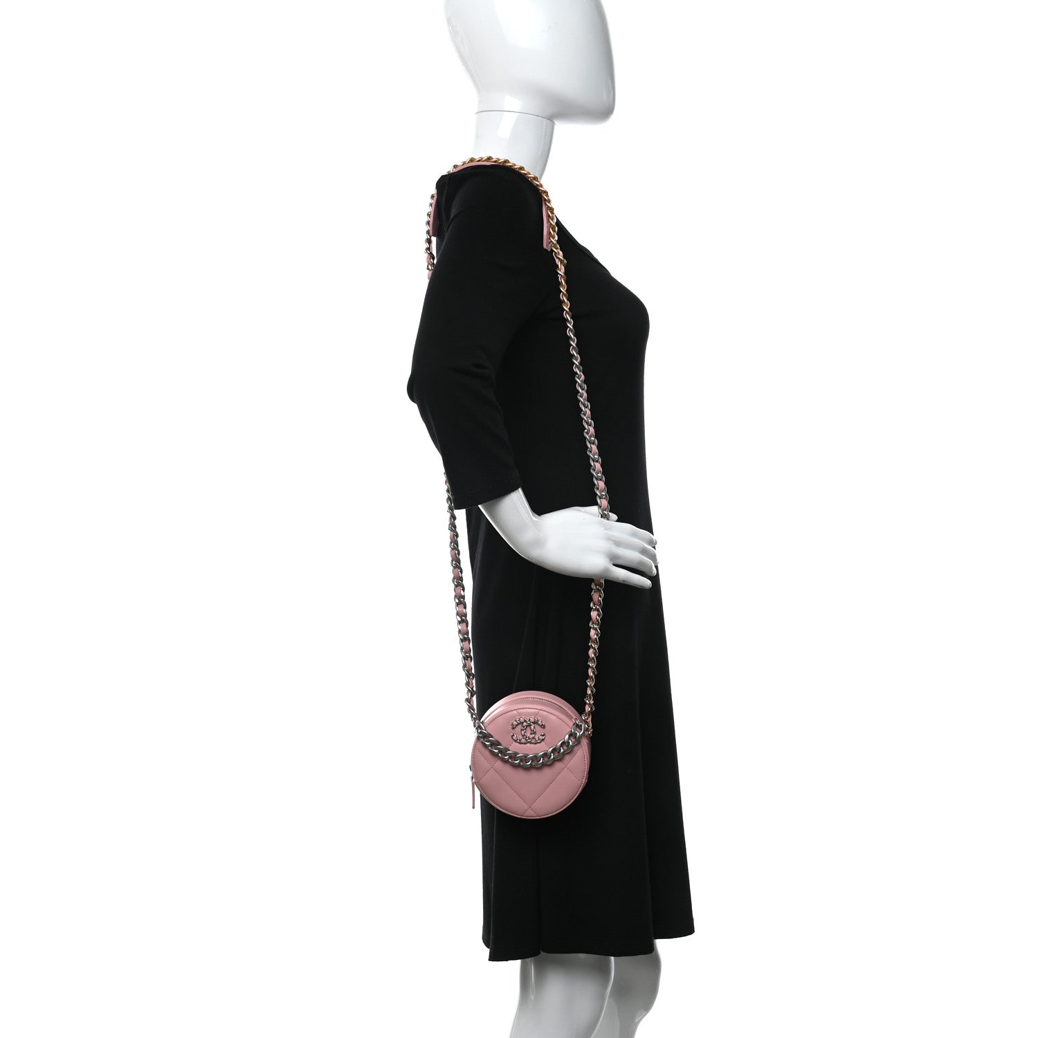 Chanel Lambskin Quilted Chanel 19 Round Clutch With Chain Pink 2 of 9