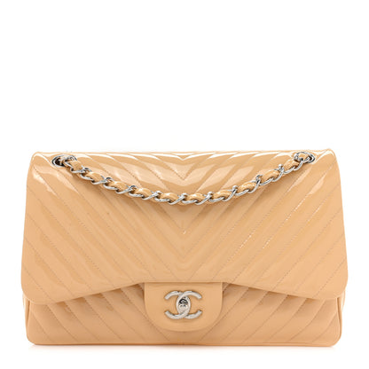 Chanel Patent Chevron Quilted Jumbo Double Flap Beige 1 of 12