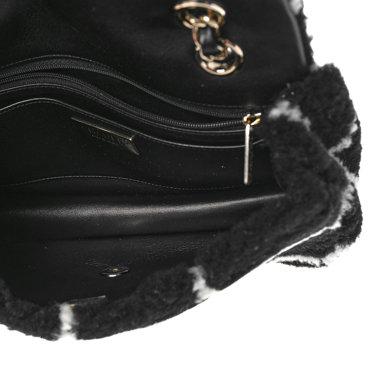 Shearling Lambskin Large Fluffy Tartan Single Flap Black White