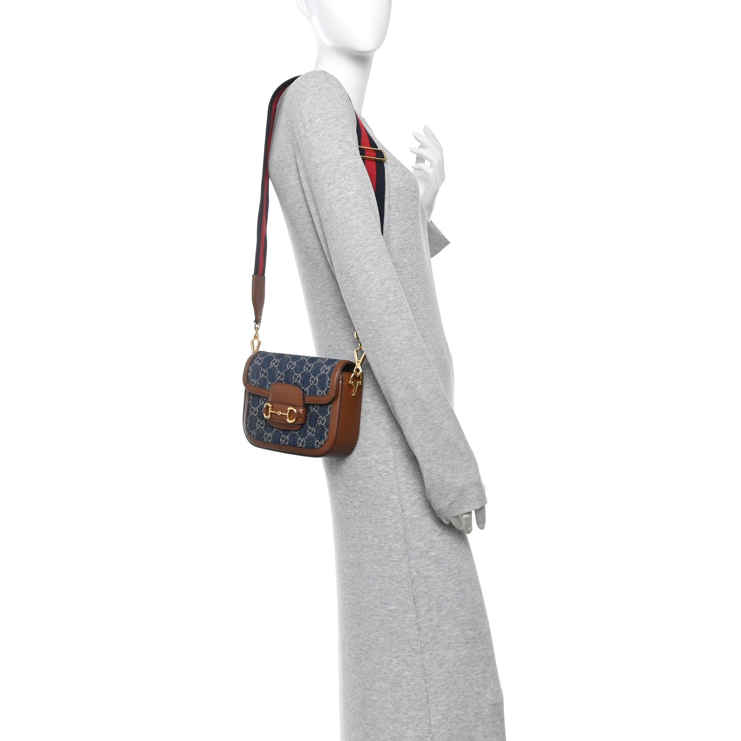 Gucci New Denim GG Monogram Dollar Calfskin Web Mini Horsebit 1955 Shoulder Bag Blue Tea Cuir Epilog 2 of 11