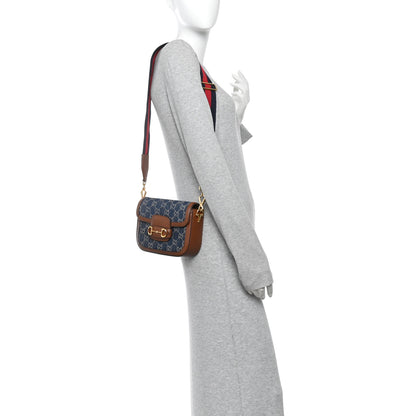 Gucci New Denim GG Monogram Dollar Calfskin Web Mini Horsebit 1955 Shoulder Bag Blue Tea Cuir Epilog 2 of 11