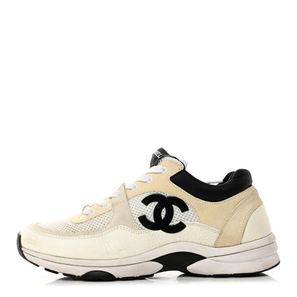 Chanel Mesh Suede Calfskin Grained Calfskin Womens CC Sneakers 39.5 White Black 1 of 10