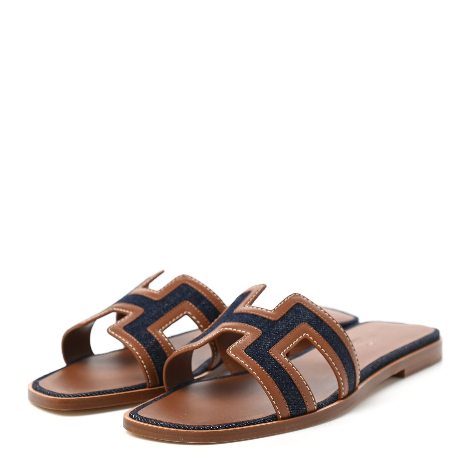Hermes Calfskin Denim Oran Sandals 37.5 Bleu Brut Gold 3 of 8