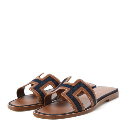 Hermes Calfskin Denim Oran Sandals 37.5 Bleu Brut Gold 3 of 8